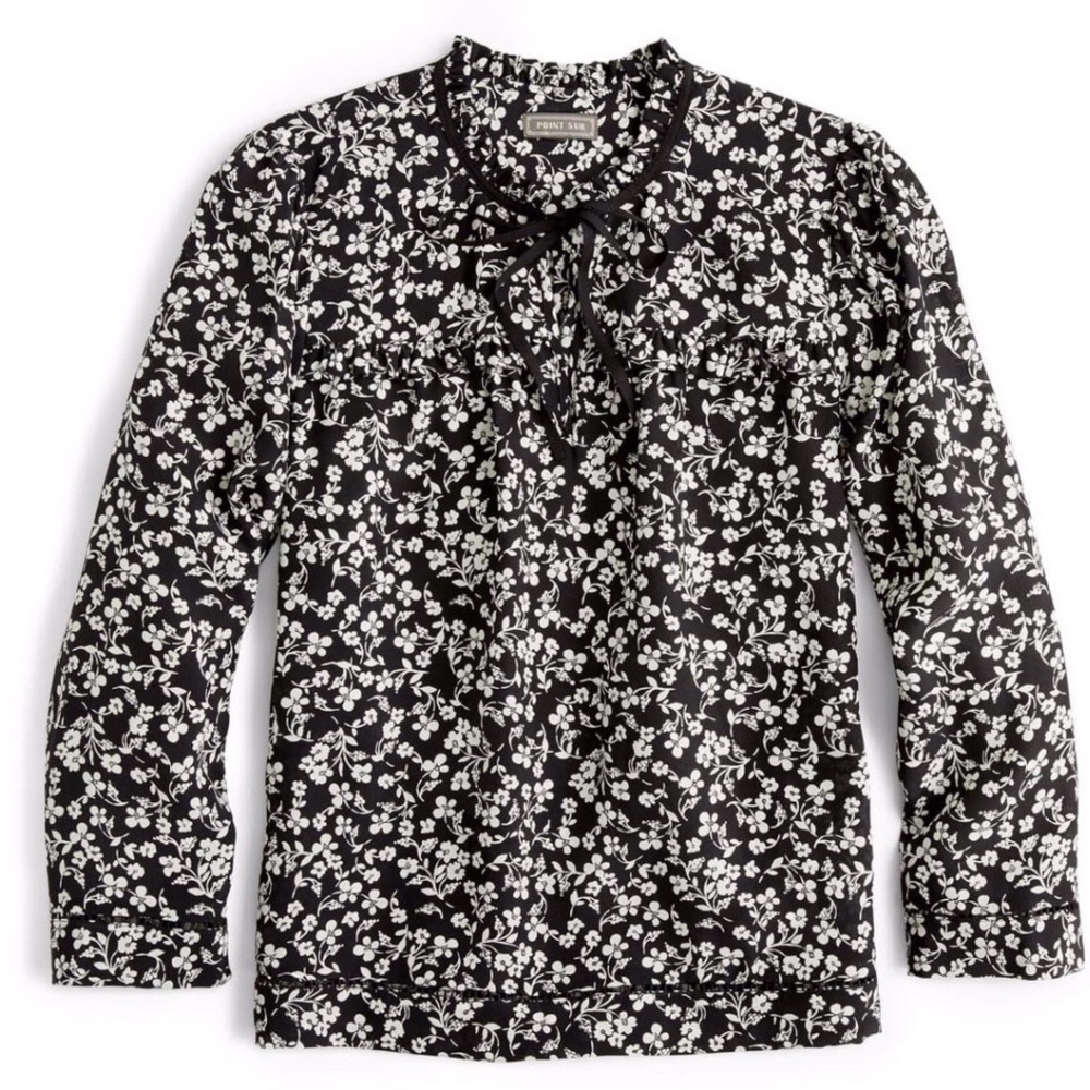 J Crew Point Sur Blossom black and white popover blouse size XS
